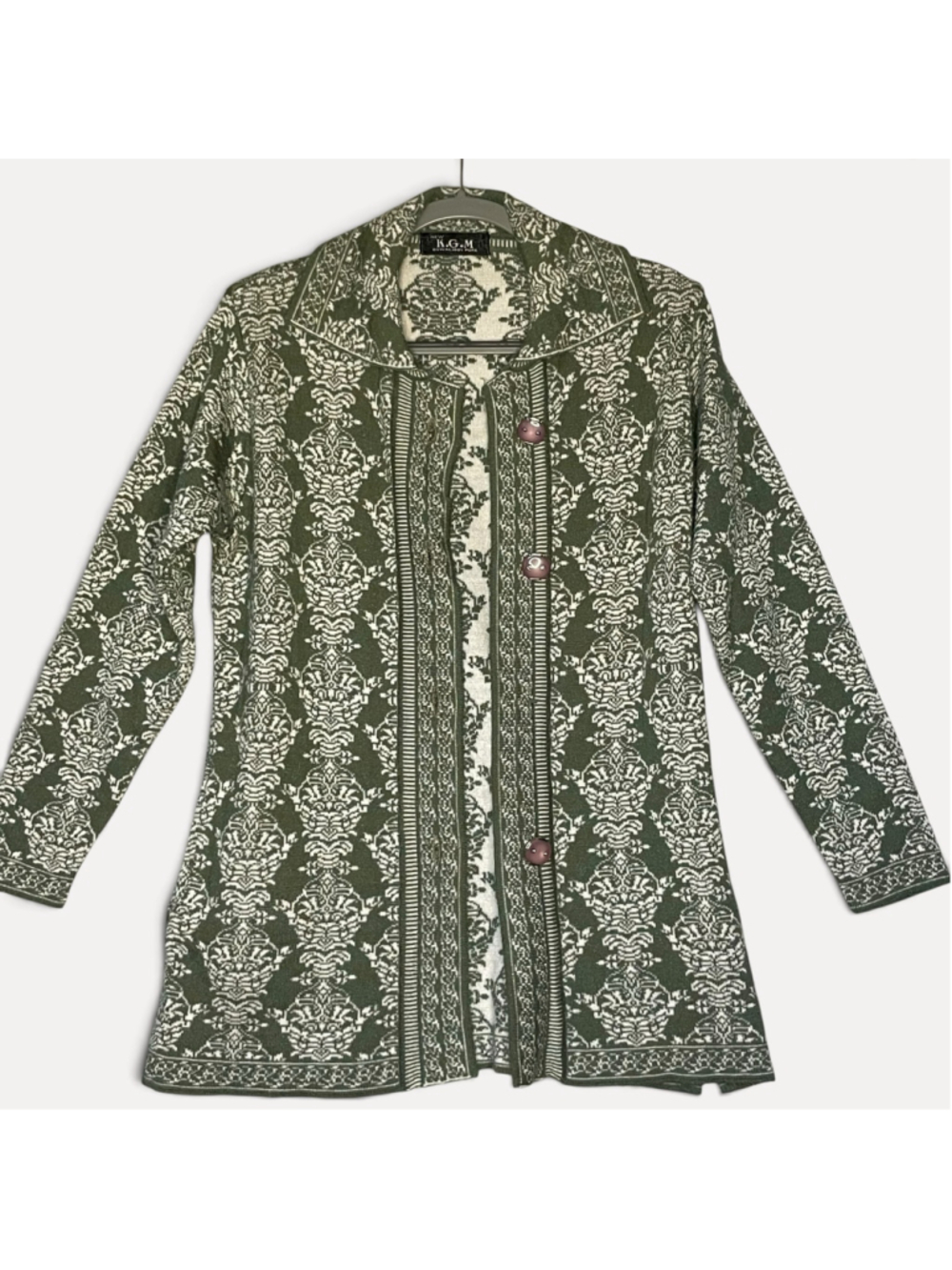 KGM Oswal Wool Pure Green Floral Jacquard Long Cardigan Sweater Coate